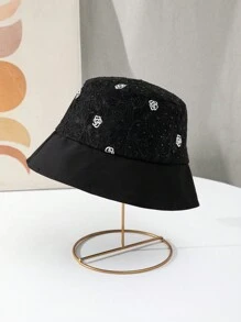 1pc Fashionable Bucket Hat With Rhinestone, Lace & Embroidered Rose Pattern - Black - View 1