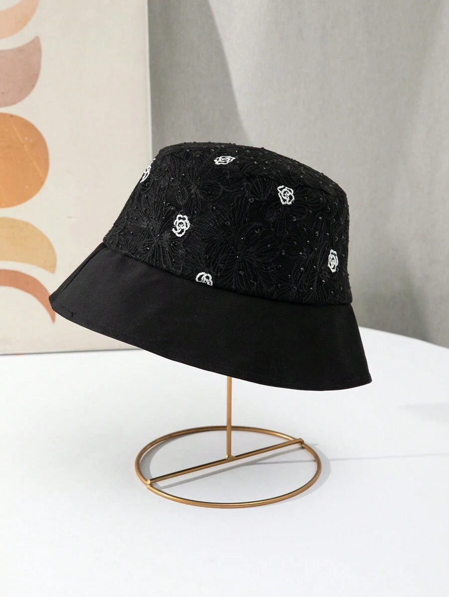 1pc Fashionable Bucket Hat With Rhinestone, Lace & Embroidered Rose Pattern - Black - View 1