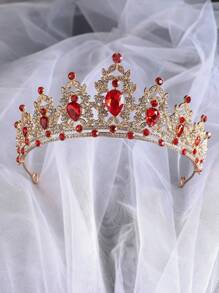 1pc Ladies' Red & Gold Rhinestone Bridal Crown For Wedding, Party And Dance Event Royal Tiaras Valentine's Day Accessories - Red - View 2