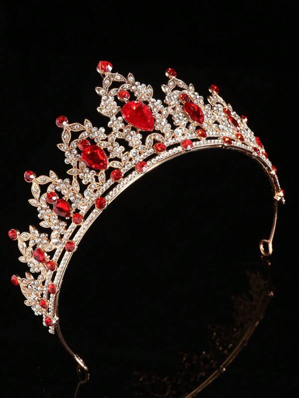 تاج الزفاف النسائي الأحمر والذهبي مرصع بالراينستون للزفاف والحفلات والرقصات الملكية، قلوب ملكية