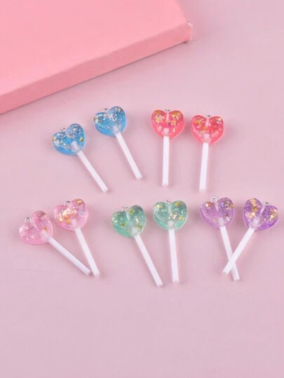 10pcs Resin Jewelry Pendant In Glittery Heart Lollipop Design