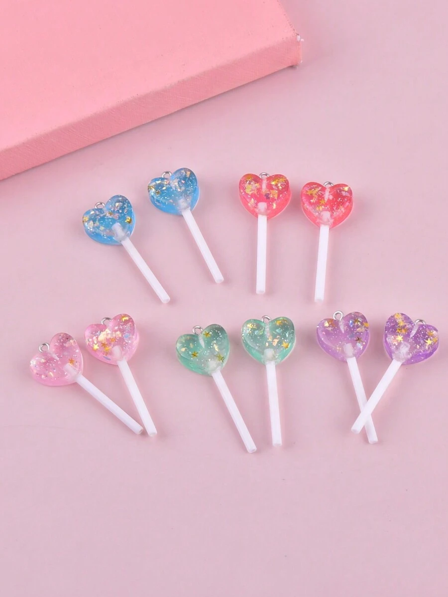10pcs Resin Jewelry Pendant In Glittery Heart Lollipop Design