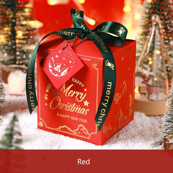 Set da 5 Scatole regalo di Natale a forma di mela con decorazione in hot stamping, nastro e etichette, colore rosso