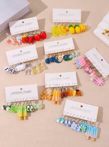 5對彩色夏季女式可愛耳環和6對白雲、泰迪熊和鴨子夫人耳環配對（產品圖案隨機） - 彩色 - 查看 1