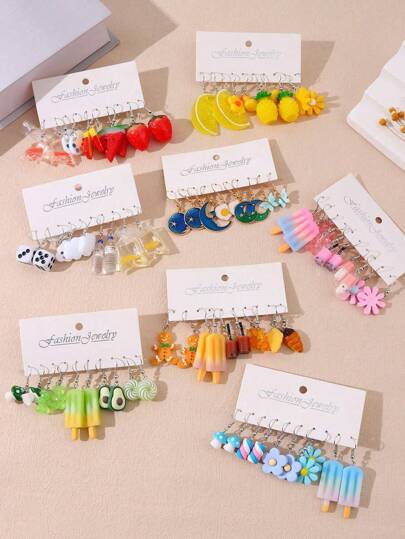 5 pares de aretes de verano para mujeres con diseño colorido y lindo, 6 pares de aretes de señora de nubes blancas, osos de peluche y patos (el patrón del producto es aleatorio)