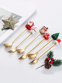 6 件套不銹鋼餐具套裝,卡通聖誕人物甜點勺子和叉子,冰淇淋和蛋糕勺子和叉子,聖誕派對餐桌裝飾,新年派對禮物 - 綠色 - 查看 4