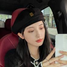 1入組黑色韓語風格畫家貝雷帽帽,秋天&冬天,甜美風&可愛,時尚&個性化 - 黑色 - 查看 2