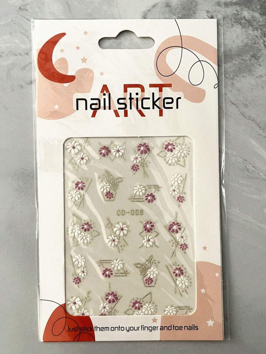 Co-008 1pc Purple & Silver 5d Flower Nail Art Sticker - Multicolor - View 1