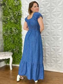 Vestido Longo Jeans Com Babado e Recorte Com Marcação na Cintura primavera Verão