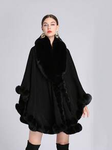 Elegant 1pc Ladies' Multicolored Faux Cashmere & Collar Knitted Cape Shawl, Windproof & Sunproof, Warm And Soft, Suitable For Daily Wear, Party, Festival, Banquet - Black - View 2