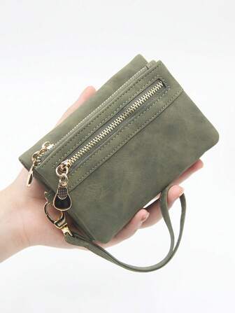 MIYIN Fashionable Vintage PU Leather Bi-Fold Women's Short Wallet - Casual Portable Card Holder With Zippered Coin Pocket Card Slots ID Window And Wrist Strap Daily Green Gift Gift Business Casual Wristlet Wallet For Women Wallet Purse Wallet Small Wallet