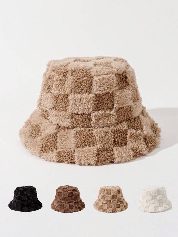 1 Peça Chapéu Bucket para Homens em Xadrez com Forro de Pelúcia, Adequado para o calor e uso diário no Outono e Inverno, estilo fofo