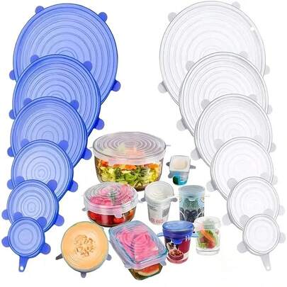 Set de 6 tapas de silicona para conservar los alimentos frescos, tapas circulares multifuncionales para tazones, películas sellantes para refrigeradores, elementos esenciales lavables para cocinas del hogar