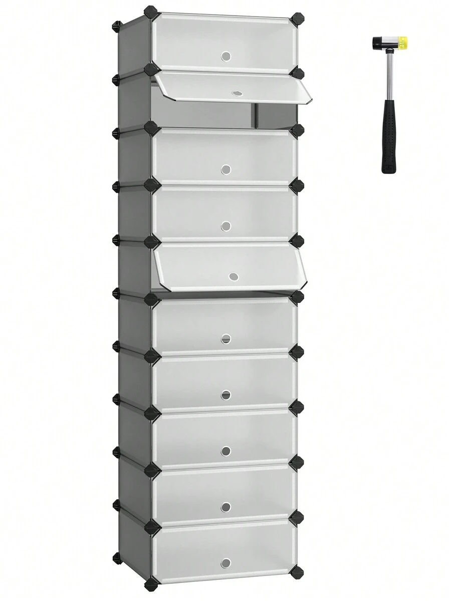 SONGMICS Schuhregal mit 10 Ebenen, Steckregal, Regalsystem, Schuh-Organizer, DIY-Regal, mit Tür, aus PP-Kunststoff - Grau - Übersicht 1