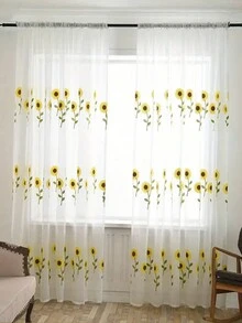 1入通過桿洞設計的白色遮陽帆布窗簾,印有向日葵圖案,黃色花卉刺繡,適用於客廳,臥室,辦公室,家庭窗戶裝飾 - 向日葵 - 查看 7