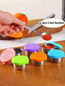 2入組帶走式沙拉醬分裝容器,1.6安士可重複使用的帶有防漏矽膠蓋的醬料盒子,不銹鋼調料杯,適用於學校便當午餐盒、廚房用品、餐廳用品、野餐旅行餐具(顏色隨機) - 彩色 - 查看 1