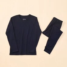 1set Men's Round Neck Derong High Elasticity Warm Underwear Set In Navy Blue - Navy Blue - View 2