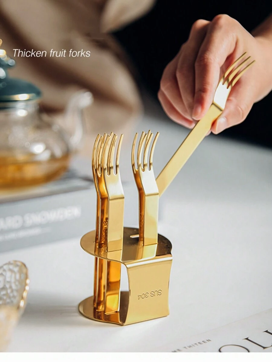 6pcs/Set Stainless Steel Dessert Forks With Holder, Creative Fruit Fork Cutlery Set