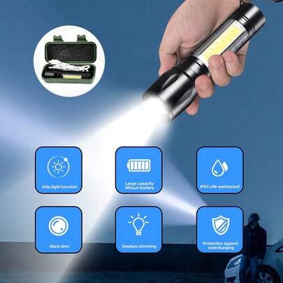 可充電手電筒帶3種模式,COB迷你口袋手電筒,USB戶外工作燈,可調節,野營聚光燈