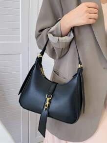 时尚、别致、优雅、经典、简约、迷人、高端迷你月亮形女士单肩包，适合所有季节，可手提、单肩或斜挎 - 黑色 - 查看 1