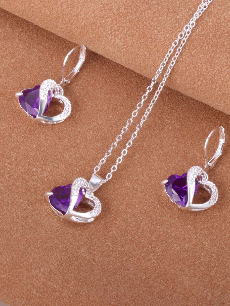 1 Set Of 3pcs Pink Heart Jewelry Set: 1 Pair Of Earrings And 1 Necklace - View 1