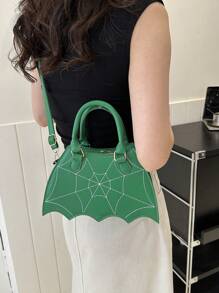 哥德式蜘蛛網設計新奇包,蝙蝠翼形狀的斜跨包,新奇手提包,哥德pu包 - 綠色 - 查看 2