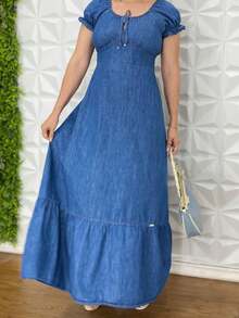 Vestido Longo Jeans Com Babado e Recorte Com Marcação na Cintura primavera Verão
