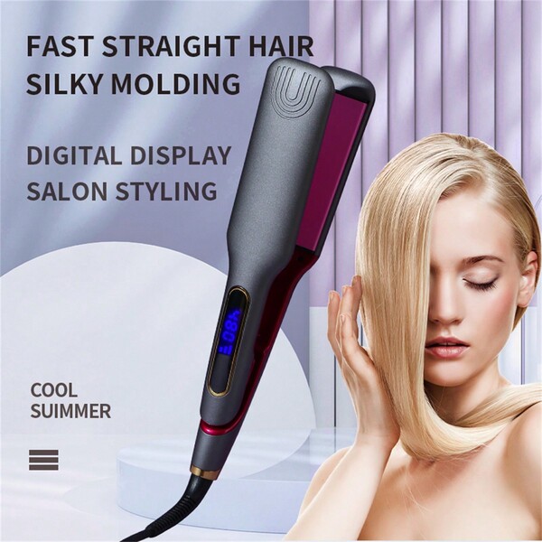 Ceramic Coated Wide Flat Iron, 1.75 Inches (about 4.4 Cm) Hair Straightener, Combined Straightener And Curling Iron For Thick Hair And Long Hair, 3d Floating Plate And Lcd Adjustable Temperature