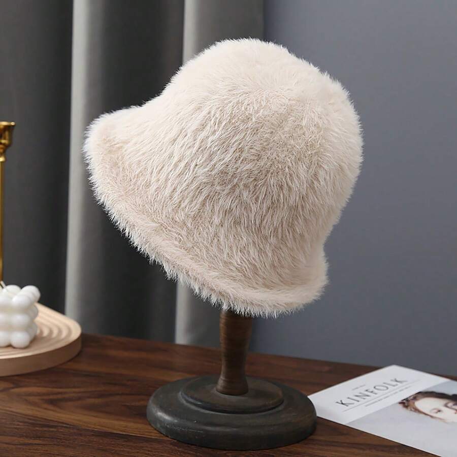 1頂女式純色鈴形針織長毛絨漏斗帽，保暖時尚，適合畢業季、大學日常、度假旅行、休閒外出等場合