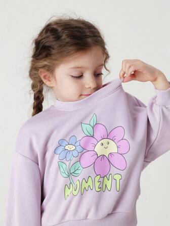 Ung Tjejer Enkel , Söt & Rolig Tecknat Mönster Nedhasade aclar Lös Runda Hals Sweatshirts , Höst