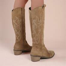 女式西部牛仔靴刺繡騎士靴中筒摩托車靴切爾西靴及膝長靴2023新款 - 棕色 - 查看 5