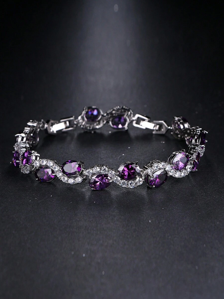 1pc Fashionable Minimalist Copper Circle Cubic Zirconia Twining Silk Rope Purple Adjustable Bridal Wedding Bracelet - Purple - View 1