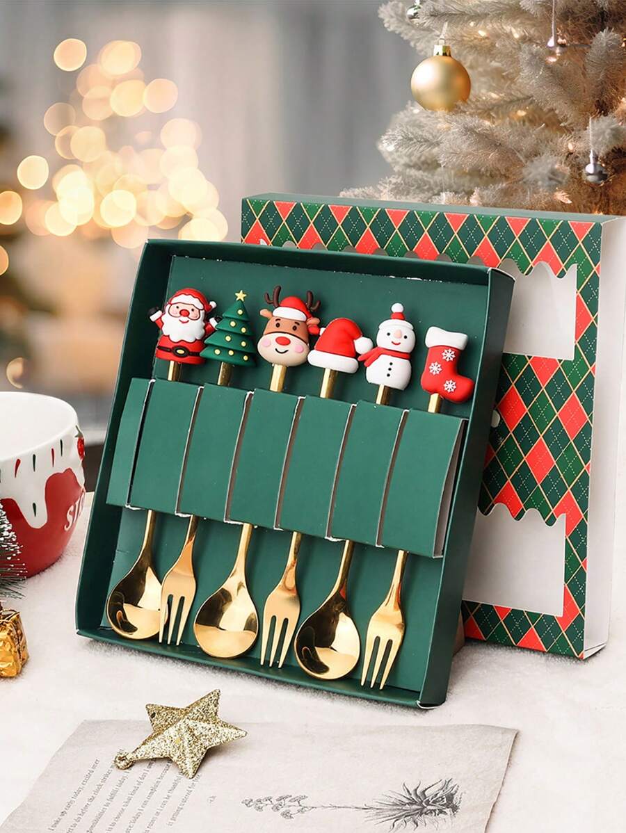 6 件套不銹鋼餐具套裝,卡通聖誕人物甜點勺子和叉子,冰淇淋和蛋糕勺子和叉子,聖誕派對餐桌裝飾,新年派對禮物 - 綠色 - 查看 1