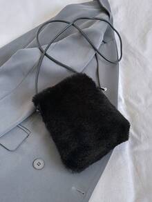 1 件純色毛絨材質輕便大容量可折疊磁力閉合女士肩斜挎包適合冬季、工作、度假、購物、戶外運動 - 黑色 - 查看 7