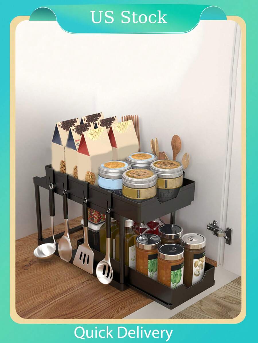 1pc , Black 2 Tier Under Sliding Cabinet Basket Organizer Drawer For Kitchen Bathroom Bedroom Office - Black - View 1