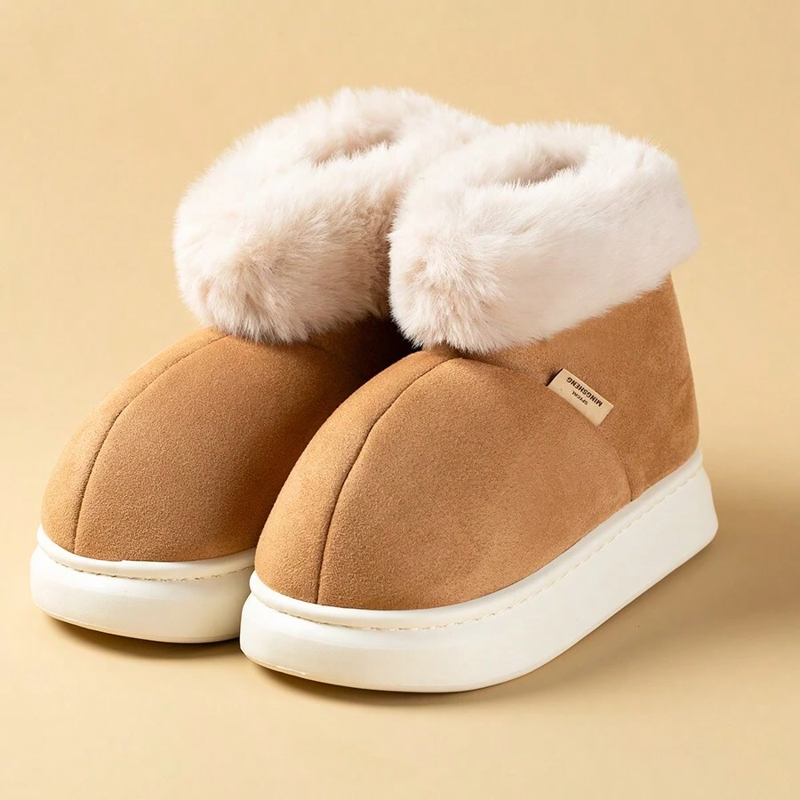 聖誕風格高跟拖鞋適合女士,冬天戶外高幫時尚運動鞋,加厚溫暖毛絨家庭防滑男士雪地靴 - 卡其色 - 查看 1