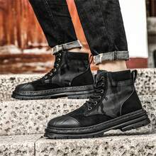 Men's High Top Motorcycle Style Canvas Shoes, Fashionable And Versatile - Black - View 2