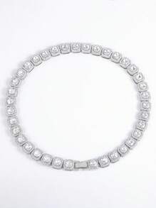 1pc Iced Sugar Necklace, European & American Style Fully Paved Cubic Zirconia Metal Chain Unisex Necklace, Street Fashion Couple Accessory - Silver - View 7