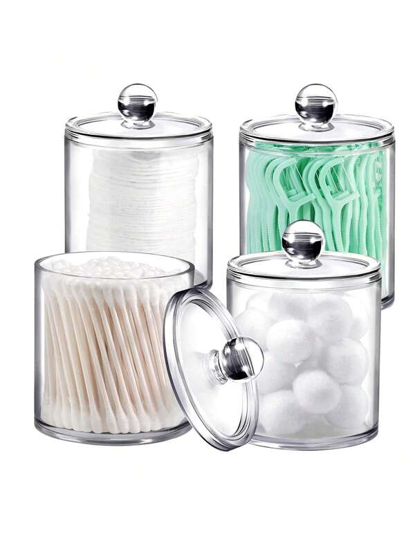 3pcs Qtip Dispenser And 10oz Clear Plastic Jars Set, For Bathroom Storage Organizer, Toilet Make-Up Organizer, Suitable For Balls, Swabs, Rounds, Dental Floss