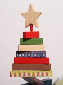 1pc Wooden Rotating Tree Christmas Building Blocks Decoration For Tabletop Ornament, Creative Decoration For Christmas Scene - Beige - View 2