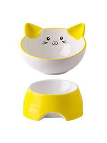 Cute Cat Separable Ceramic Bowl Suitable For Pet Daily Feeding - Yellow - View 3