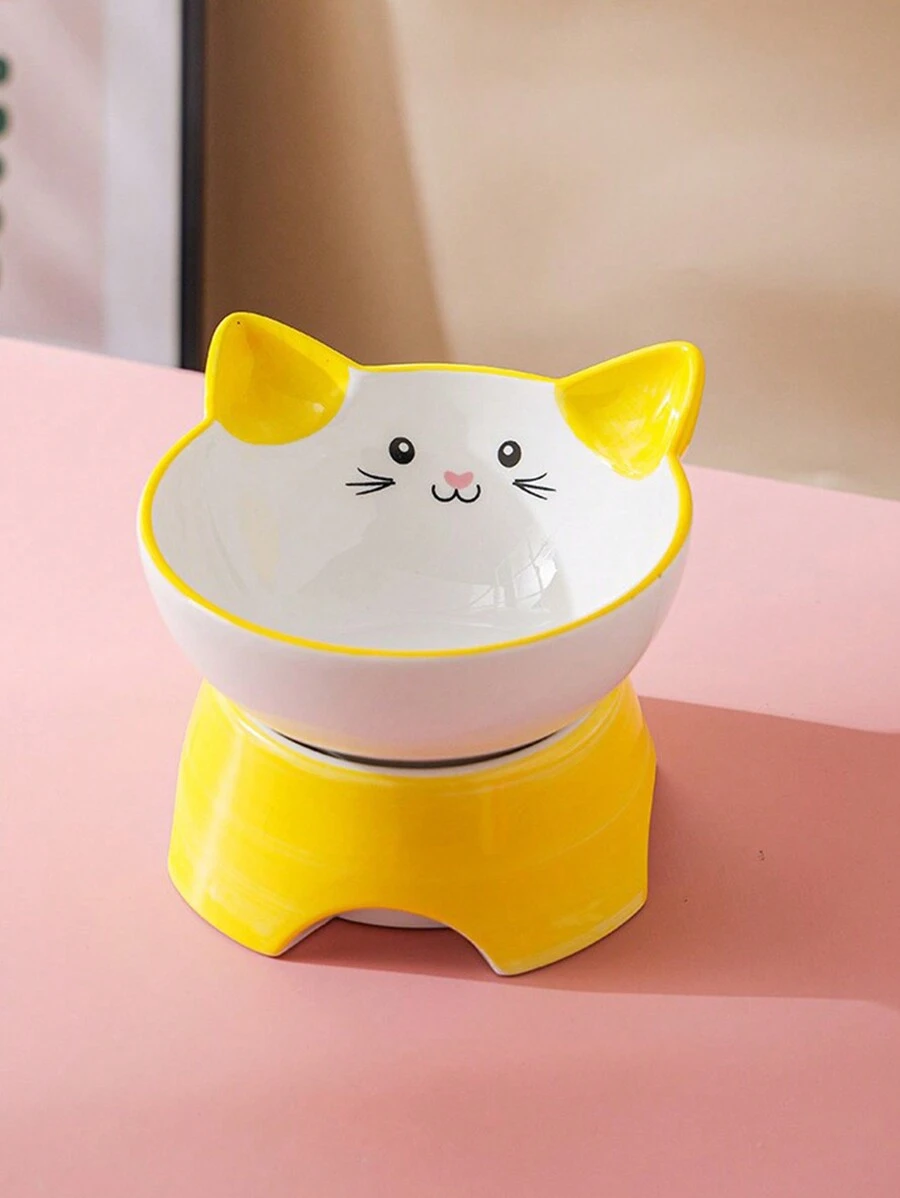 Cute Cat Separable Ceramic Bowl Suitable For Pet Daily Feeding - Yellow - View 1