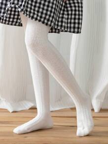 1入組幼兒女孩舒適白色縱向條紋連腳襪，適合日常穿著 - 白色 - 查看 2