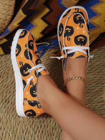Autumn New Arrival Export Plus Size Halloween Pumpkin Printed Canvas Lace-up Casual Women Shoes, Size 43