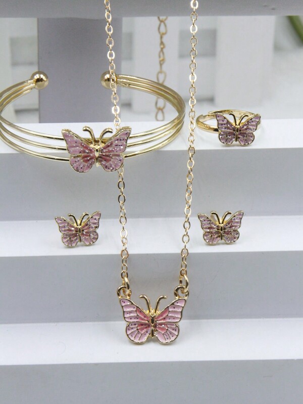 5-Piece Fashion Luxury Drip Oil Butterfly Pendant Necklace, Bracelet, Ring, Earrings Jewelry Set, Suitable As Holiday Gifts