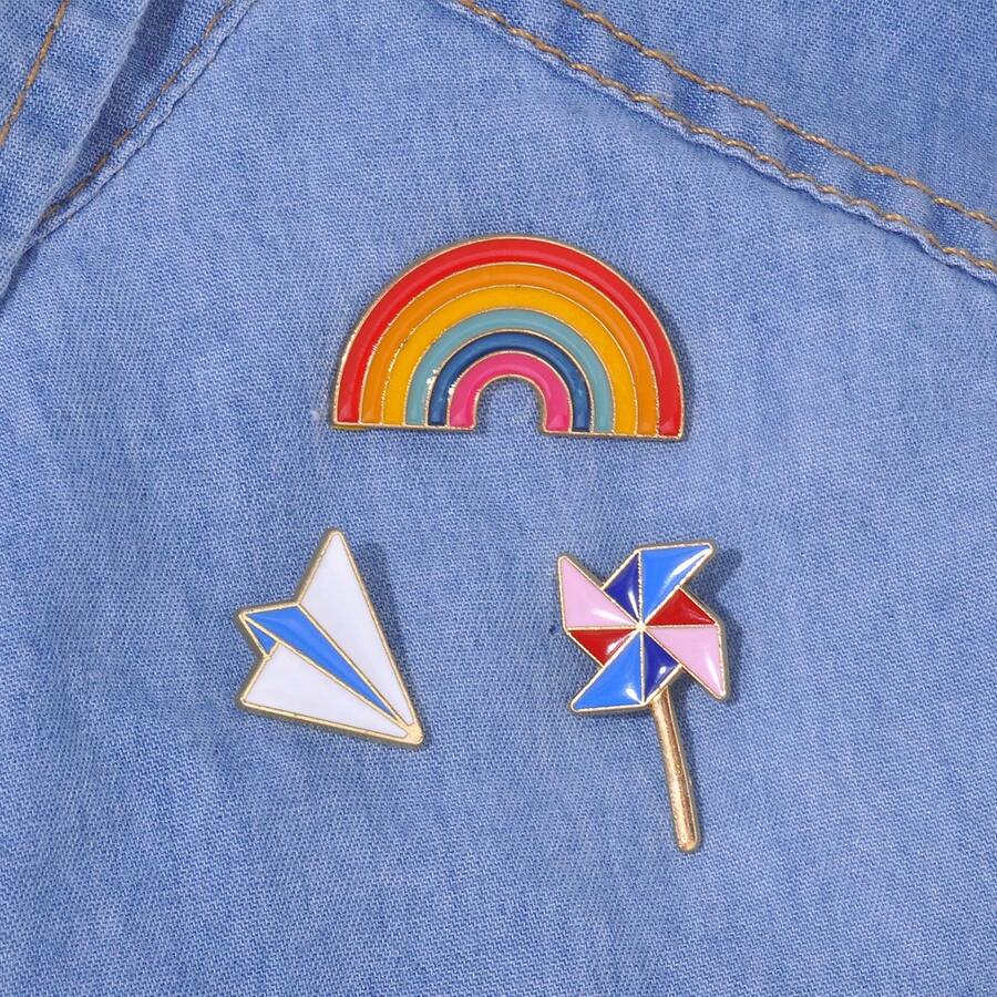 3入組彩虹風車和紙飛機形狀的合金金屬胸針套裝