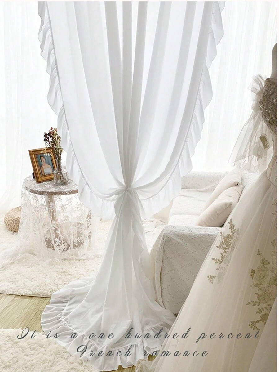 1pc White Plain Bedroom Sheer Curtain Light Filtering Romantic Ruffled Curtains Decorative Faux Silk Semi Transparent Short Curtain for Kitchen - White - View 1