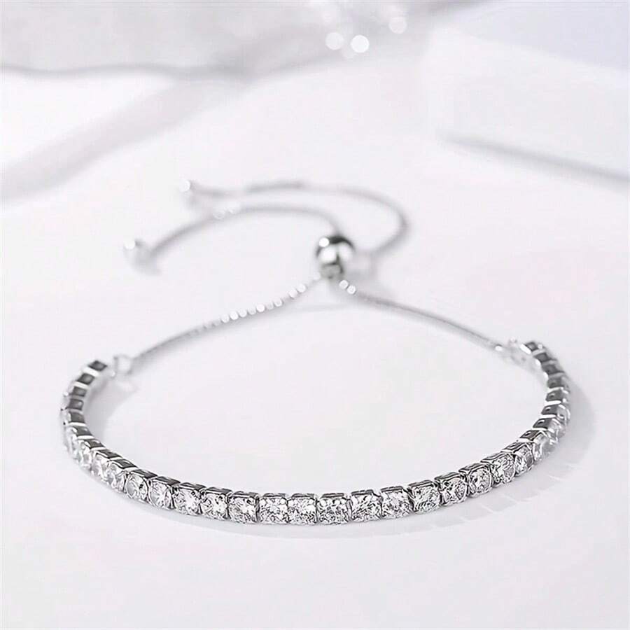 1pc Exquisite Crystal Tennis Bracelet Adjustable Bangle For Women, Fashion Wedding Party Jewelry Gift - Silver - View 1