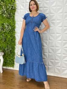 Vestido Longo Jeans Com Babado e Recorte Com Marcação na Cintura primavera Verão