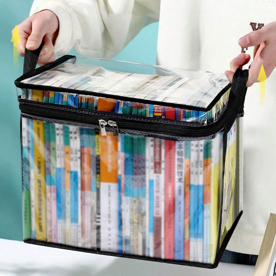 1 Pieza Bolsa Portátil Plegable Transparente Negra De Almacenamiento De Libros, Caja De Colección De Libros De Aula, Organizador Doméstico Y Contenedor De Almacenamiento Para Libros - Negro - Ver 1